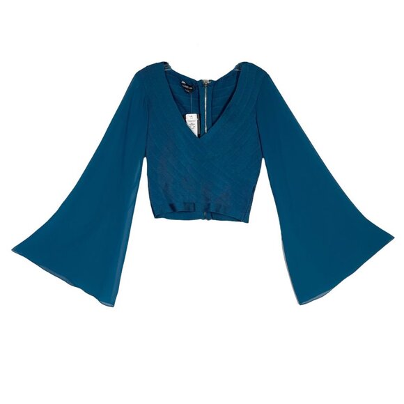 Bebe Top Blouse Bell Sleeve Crop Teal Blue V-Neck Retro Medium - Picture 8 of 8